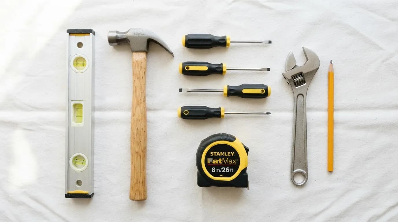 Handyman hand tools laid out on a clean drop cloth in Kansas City
